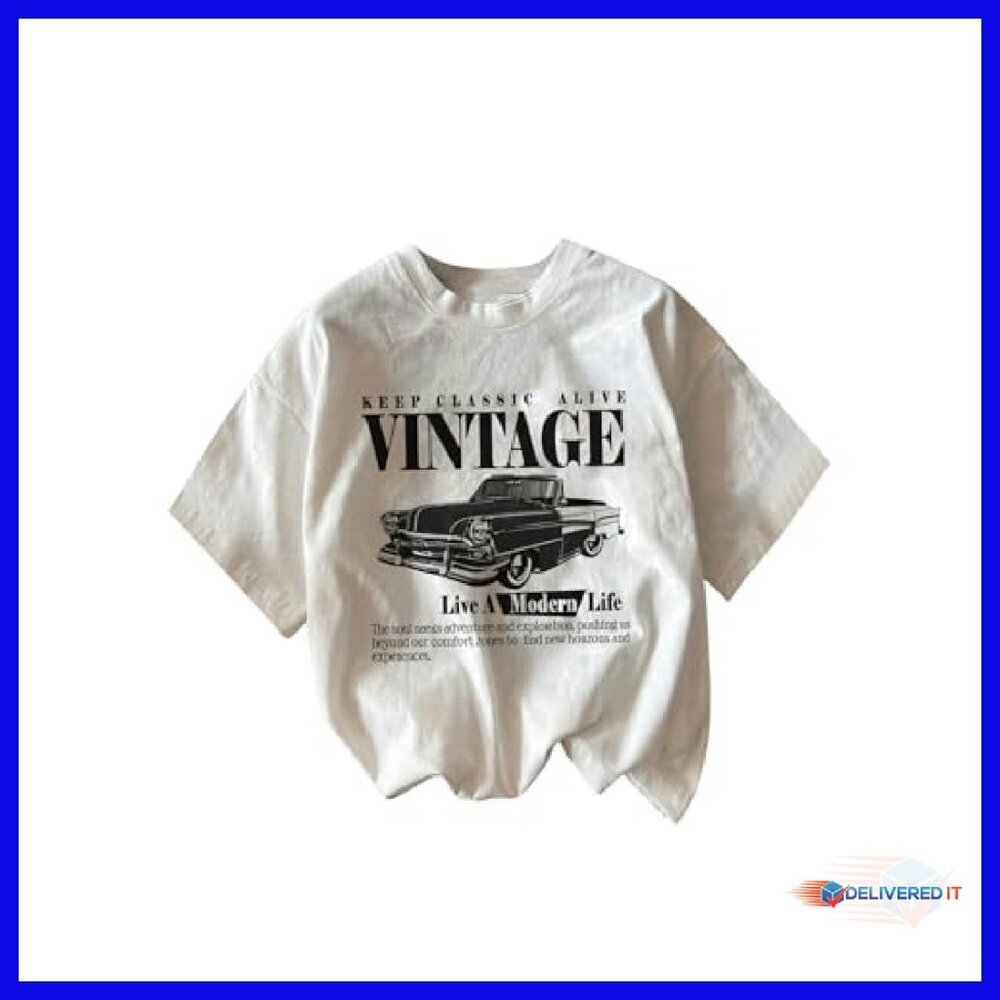 Women's Graphic Letter Tee Crew Neck Drop Shoulder Vintage Car Print Top - Picture 2 of 6